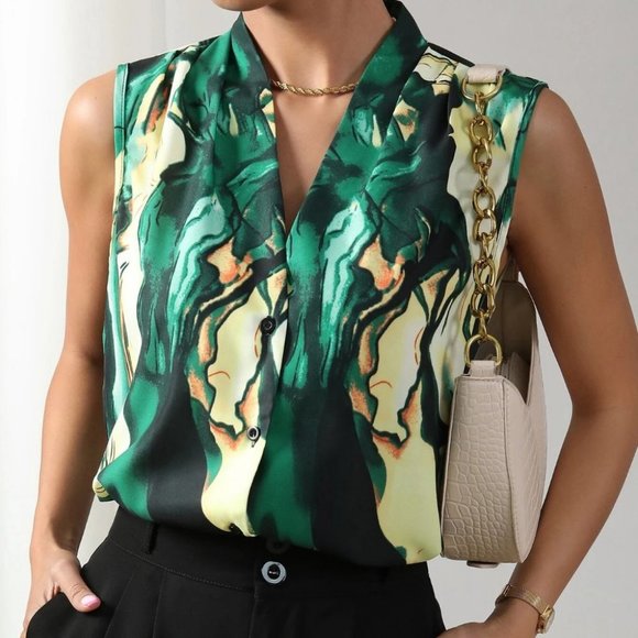 . Tops - Luxe Marble Print Sleeveless Blouse green